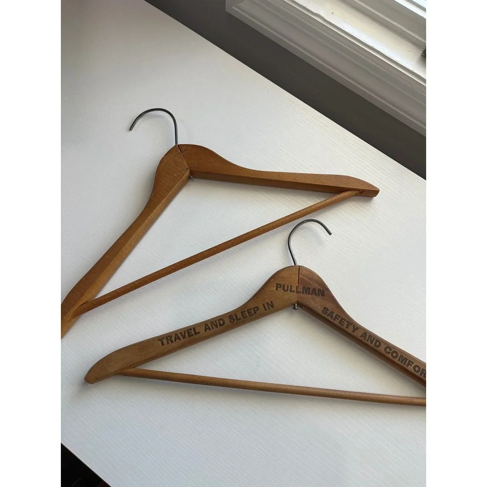 MCM Vintage Pullman &‎ Larken Clothes Wooden Suit Hangers Advertising Set of 2